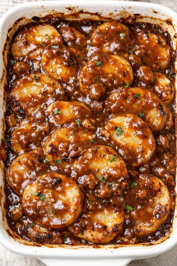 Ovnbagt kartoffelgratin med 3 ingredienser og brun sovs