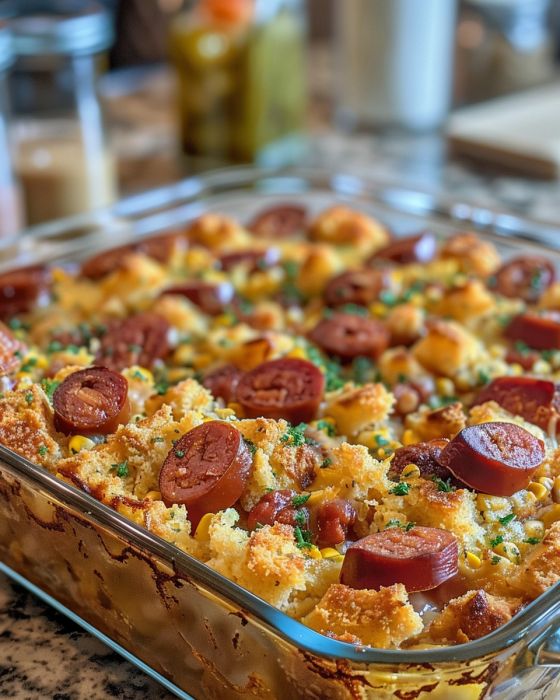 Majsbrøds- og pølsegryde