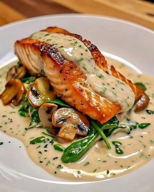 Laks med hvidløgssmør, spinat og svampe i en cremet sauce