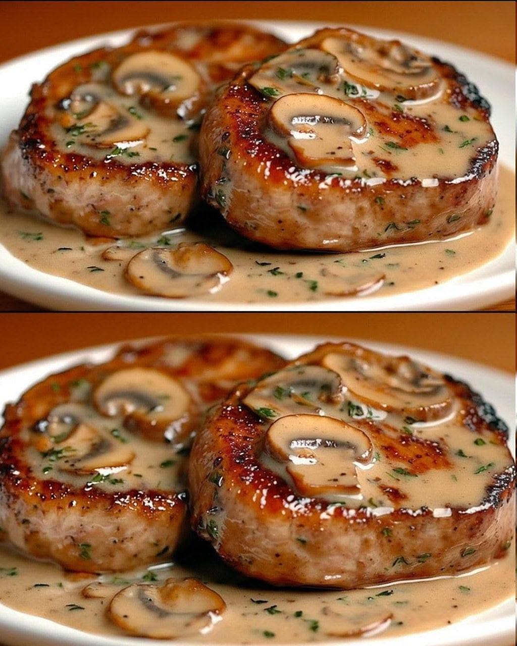 Svinefileter i cremet sauce med svampe og frisk salat