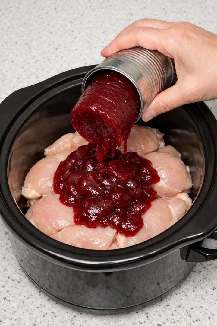 Hæld dåse tranebærsauce over kyllingebryst sammen med 1 ingrediens i slowcookeren for et velsmagende måltid, der forsvinder hurtigere end noget andet.