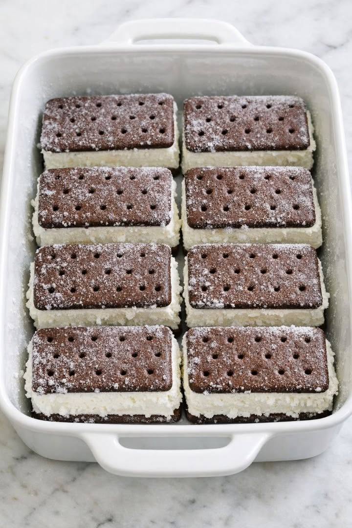 Kom faste, uoptøede, frosne, uindpakkede is-sandwiches i det ovnfaste fad og 3 andre hverdagsprodukter for at få en dessert, der er så lækker, at du kan lide det.