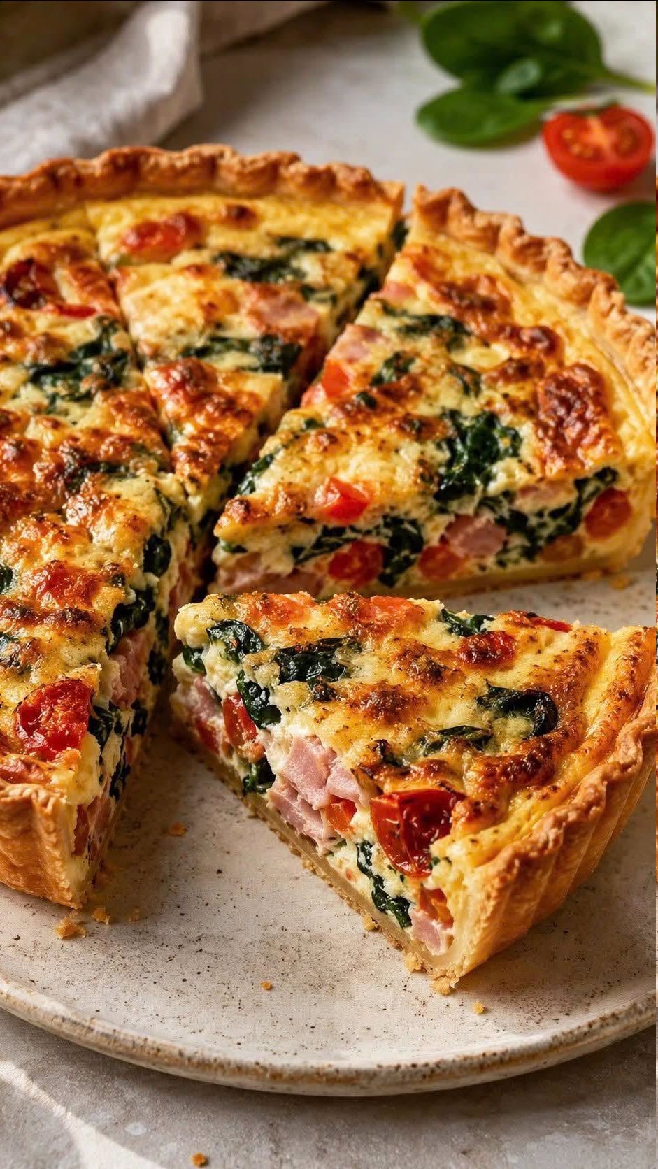 Skinke-, tomat- og spinatquiche: Nem, cremet og lækker opskrift